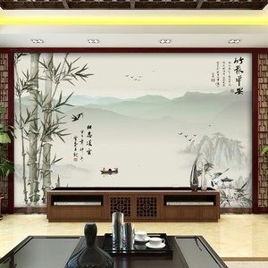 8D电视背景墙壁纸新中式大气墙纸竹子山水画墙布客厅沙发意境壁画