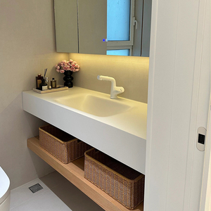 岩板热弯无缝陶瓷一体盆原木色日系浴室柜组合洗漱台智能镜柜定制