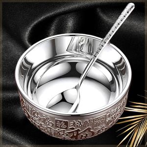 新款高档百福银碗三件套银筷子银勺子银质餐具礼盒套装摆件