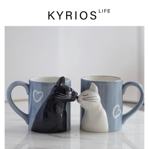Kyrios L 亲吻 猫对杯 立体猫咪情侣陶瓷马克杯黑白对杯结婚乔迁