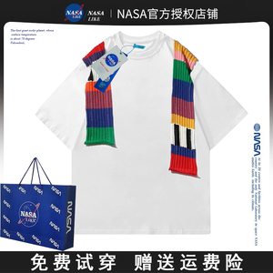NASA联名彩色毛衣撞色拼接设计圆领潮牌宽松纯棉短袖T恤男女夏季