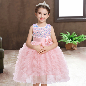 夏季新款花朵上身亮片女童公主裙蛋糕裙连衣裙宝宝粉色演出礼服