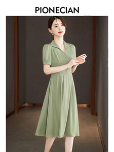 PIONECIAN绿色高级感连衣裙2024年新款女装修身显瘦小众设计感女