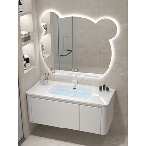 法恩莎奶油风陶瓷一体盆浴室柜组合现代小熊镜卫生间洗漱台洗手洗