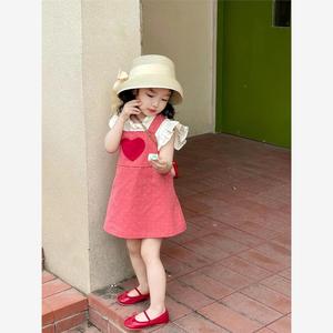 巴拉巴柆女童夏装套装2023新款洋气时髦儿童爱心波点背带裙花边上