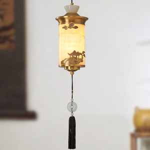 玉石新中式小吊灯 全铜中国风客厅禅意床头卧室灯书房过道吊线灯