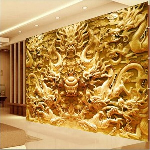 黄金色中国龙8D立体浮雕壁画墙布办公室沙发壁纸龙凤客厅背景墙纸