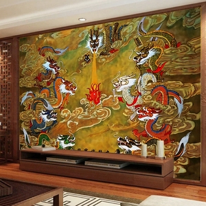 西藏唐卡九龙图壁纸佛像佛堂藏式装饰背景墙贴画神像寺庙藏族壁画