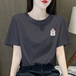 阿迪达斯深灰色纯棉短袖t恤女2024新款夏季洋气圆领半袖上衣体恤