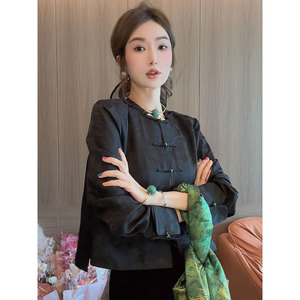 新中式女装2024春秋新款气质高端高级感长袖黑色衬衫国风盘扣上衣