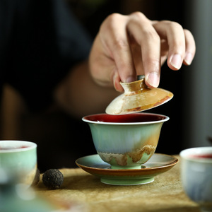 景德镇窑变绿釉内郎红陶瓷三才盖碗茶杯单个高档功夫茶泡茶碗茶具