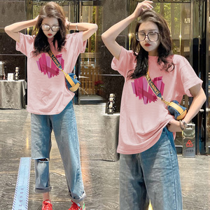 官网地素粉色短袖t恤女装2024年夏季新款韩版宽松纯棉中长款打底