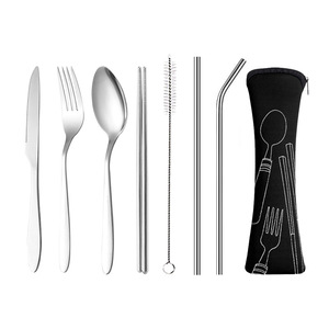 不锈钢便携餐具刀叉勺筷子吸管七件套学生户外餐具收纳袋礼品套装