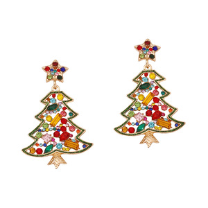 欧美跨境新款可爱个性时尚圣诞系列合金圣诞树镂空镶彩钻珍珠耳饰