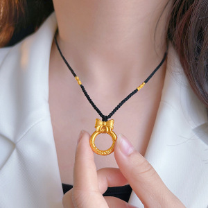 金六福吉祥黄金项链999足金蝴蝶结平安扣吊坠编织绳3d硬金金箍圈