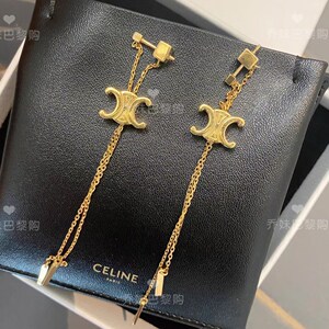 celine/赛琳新款经典复古凯旋门金色黄铜长款流苏耳环耳线女