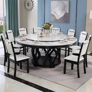 源氏木语大理石餐桌家用餐椅组合1.8米餐厅吃饭桌子新中式实木圆