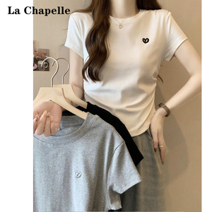 拉夏贝尔韩版刺绣爱心短袖T恤女2024年夏季纯棉正肩修身显瘦上衣