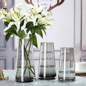 客厅摆件高级感干花真花轻奢北欧玻璃花瓶简约透明插花富贵竹百合