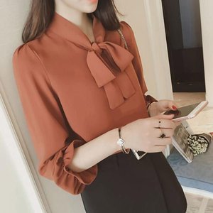 爱依服官方旗舰店2023春夏韩版大码衬衫女蝴蝶结公主袖衬衣百搭纯