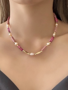 Lysosome原创 粉色系天然石淡水珍珠串珠手作红木纹帝王松项链