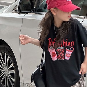 促销韩国童装女童短袖T恤儿童上衣2024夏装新款中大童体恤宽松黑