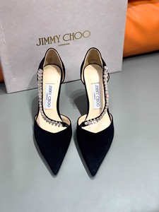 代购23新款Jimmy Choo周仰杰 尖头水晶绒面高跟鞋单鞋婚鞋女鞋