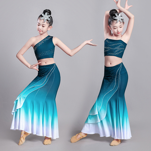 傣族舞蹈演出服女童新款儿童傣族孔雀舞鱼尾裙包臀少儿民族表演服