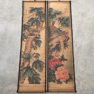 潘天寿古画荷花鸟四条屏挂画复古农村堂屋家用客厅装饰仿古中堂画