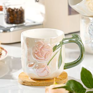 马克杯带盖珠光釉郁金香陶瓷杯子手绘浮雕咖啡杯少女花朵水杯礼物