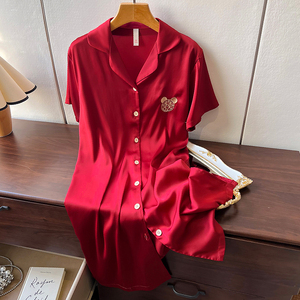 高端6A级100%桑蚕丝睡裙衬衫裙真丝睡裙中长款短袖卡通图案红色