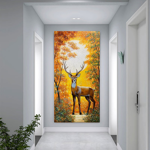 入户玄关一路高升好寓意挂画发财麋鹿手绘油画客厅林深见鹿装饰画