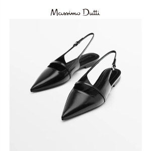 Massimo Dutti女鞋2024夏季新款黑色尖头真皮单鞋平底包头凉鞋女