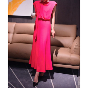 GEZINA法式小众气质收腰显知性优雅设计感飘带连衣裙玫红无袖长裙