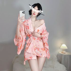 内衣女式日系性感印花猫蝴蝶结和服浴袍制服套装甜美系列情调睡衣