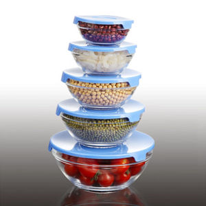 五件套耐热玻璃保鲜碗带盖饭盒沙拉碗泡面碗微波炉透明玻璃碗套装