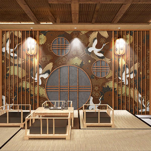 日式屏风飞鹤墙纸日料烧鸟寿司店包厢墙面装饰壁画和风居酒屋壁纸