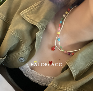 HALOkrACC韩国进口可爱亚克力小草莓吊坠搭配珍珠串珠项链