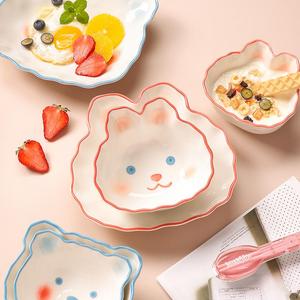 可爱小兔子儿童吃饭碗高颜值陶瓷动物餐具特别好看的小碗网红盘子