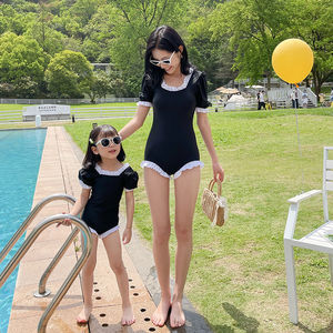 夏季母女亲子泳装连体黑色木耳边可爱女宝宝儿童游泳衣显瘦新款