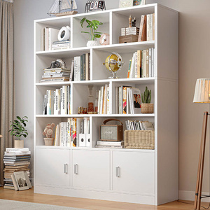 书架一体靠墙整墙落地可承重置物架简易带柜门置物柜学生家用书柜