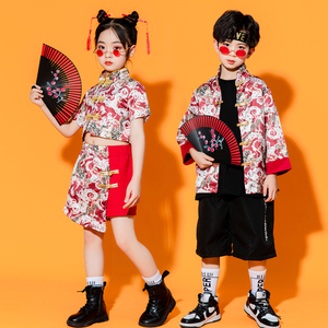 汉服女童中国六一儿童演出服唐装元旦旗袍国潮男童啦啦队表演