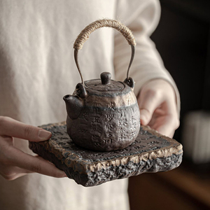 粗陶茶壶日式鎏金提梁壶手工老岩泥泡茶壶复古单壶功夫茶具泡茶器