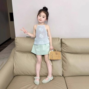 韩国童装2024夏季新款女童蓝色球球针织绑带背心女宝宝高腰半身裙