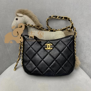 [现货]Chanel/香奈儿23K新款女包黑色小羊皮粗链条Hobo嬉皮包
