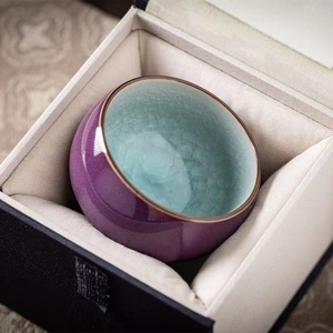 中式陶瓷主人杯钧窑冰花茶杯功夫茶具单杯品茗杯礼盒装紫钧茶盏碗