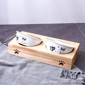 竹子猫碗 陶瓷宠物碗 陶瓷猫碗 实木宠物餐桌 饮水狗碗不锈钢竹架
