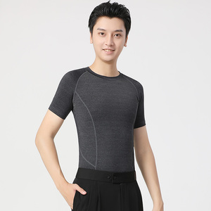 丹宝罗男式国标舞上衣新款圆领弹力修身男士短袖舞衣练功跳舞服装