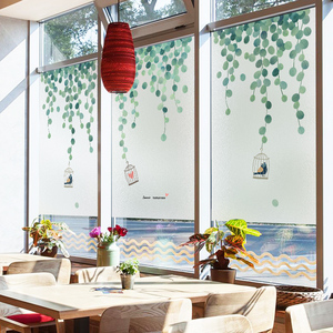 餐厅落地窗户玻璃贴纸透光不透明窗纸植物花卉厨房防窥视贴膜艺术