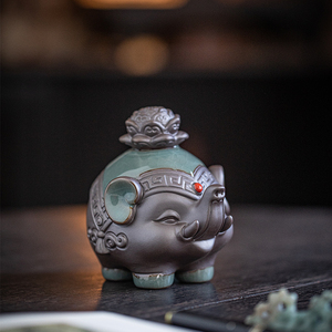创意哥窑大象茶宠摆件吉象一对招财吉祥物茶桌博古架装饰可养茶玩